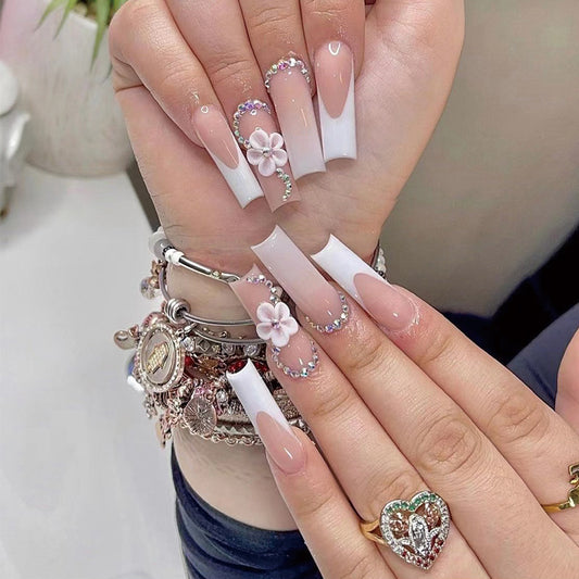 Valentines Nails  24 Pcs/box French Tips Flower Diamond