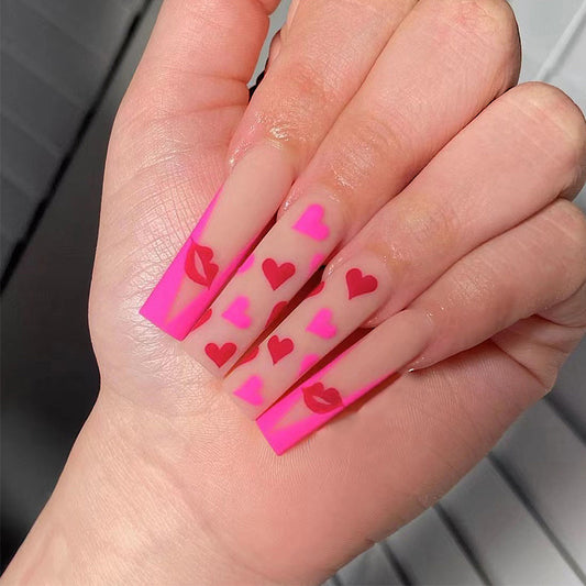 Valentines Nails  Pink Heart February Nails Hmade Acrylic Press On Na –  3rdpartypeople