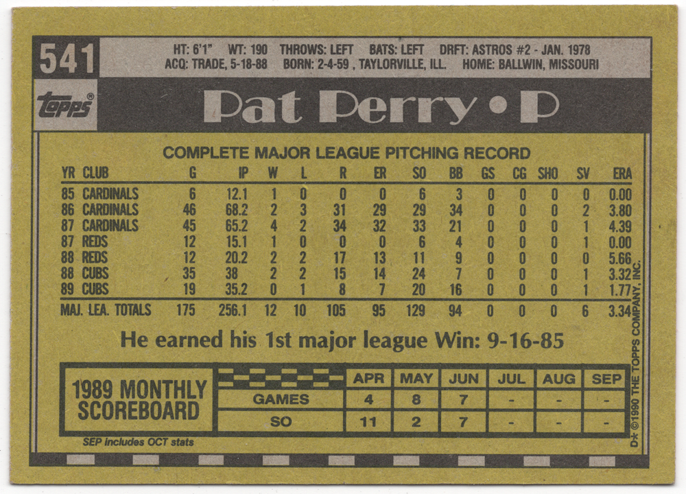 Back side of Pat Perry's 1990 Topps baseball card