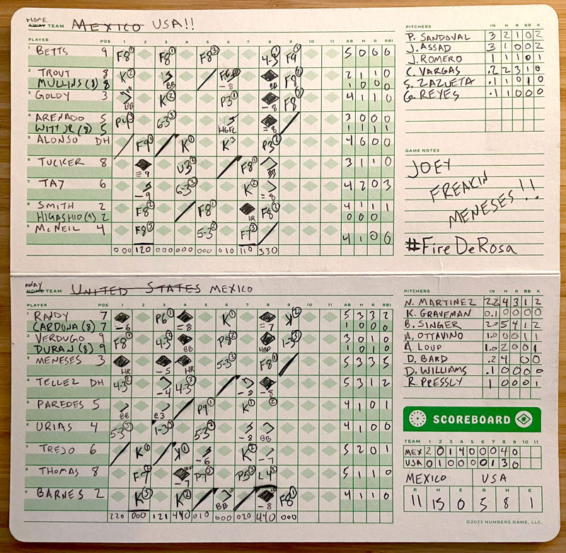Completed Palm Slapper scorecard from the World Baseball Classic