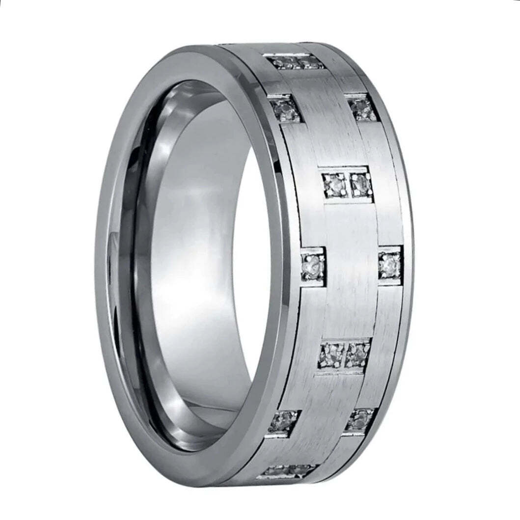 Newshe Tungsten Carbide Fashionable Wedding Rings for Men Half Eternity  Brilliant Cubic Zirconia Beveled Edge Charm Ring