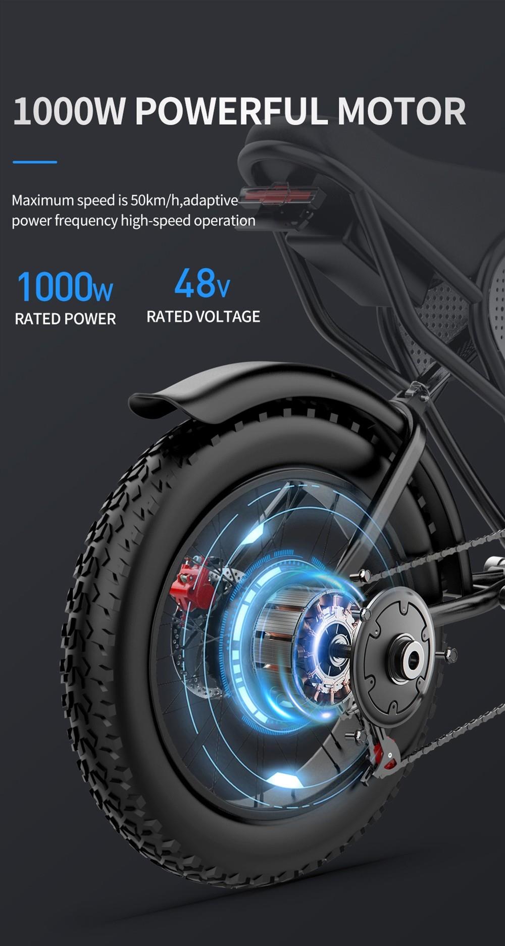 Vélo électrique tout-terrain tout-terrain Ridstar Q20 avec moteur puissant de 1000 W, tension nominale de 48 V