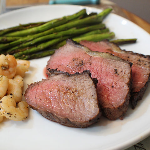 Tri-tip roast with shrimp and asparagus