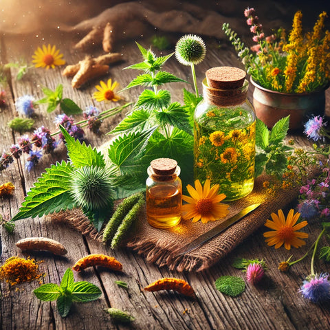 A variety of fresh herbs known for allergy relief, including nettle, butterbur, and turmeric, beautifully arranged on a rustic wooden surface with vibrant flowers, a glass jar of herbal tea, and a sprig of mint, representing a natural and holistic approach to allergy relief.