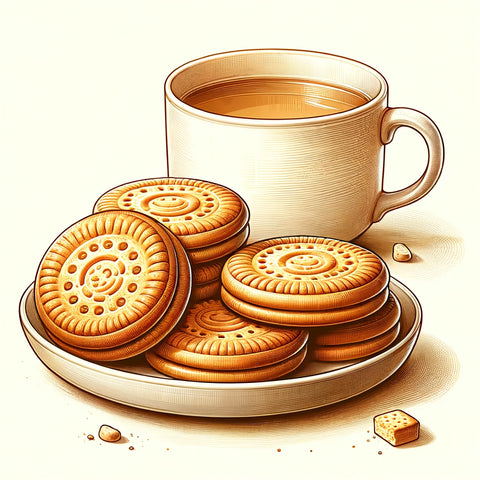 image features an artistic rendition of a close-up of freshly baked arrowroot digestive biscuits with a cup of Sacred Plant Co herbal tea.