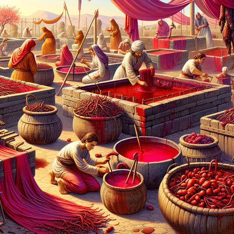 Historical scene of textile dyeing using madder root, depicting the vibrant red dyeing process in either Ancient Egypt or medieval Europe.