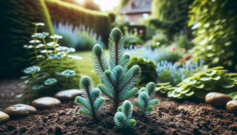 科羅拉多藍雲杉幼苗的寧靜花園場景，捕捉了它們在寧靜且維護良好的花園環境中生長的早期階段。
