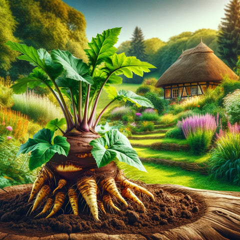 圖像描繪了鬱鬱蔥蔥的花園場景，前景中突出顯示牛蒡根，背景是傳統的歐洲草地。此視覺效果捕捉了根的歷史意義及其在傳統醫學中的作用。