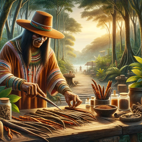 An image showing a South American indigenous individual, dressed in traditional clothes, preparing a remedy with Cat's Claw bark. The natural setting within the Amazon includes a table with herbal preparation tools, highlighting the respect for ancient herbal practices.