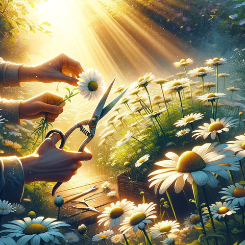 This mage illustrates Step 7, showing the harvesting of chamomile flowers in full bloom. It portrays a person gently cutting chamomile flowers in a lush garden, embodying the culmination of a gardener's journey.