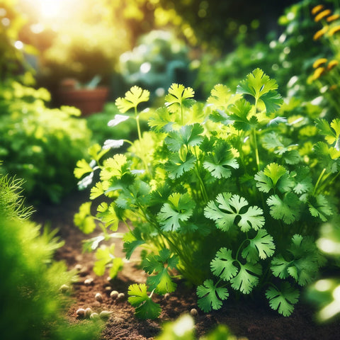 Lush Cilantro (Coriandrum sativum) plants in a sunny herb garden, showcasing the herb's green leaves and seeds.