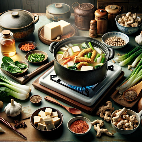 Traditional Chinese kitchen with a pot of Vegetarian Cordyceps Mushroom Soup, featuring ingredients like tofu, dried ginger, and Cordyceps, emphasizing the soup's health benefits and rich flavors.