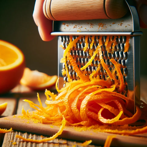 Aromatic shreds of Orange Peel zest being grated, falling delicately onto a wooden cutting board, emphasizing its potency in adding zest to recipes