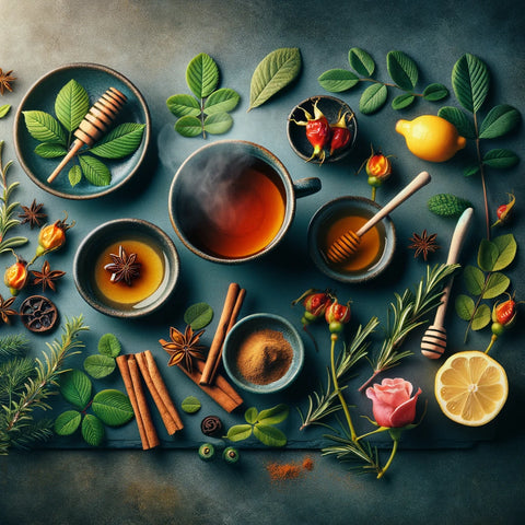 Ingredients of the Damiana Desire Elixir recipe arranged on a wooden table, featuring Damiana, Hawthorn leaves, Cinnamon sticks, and other herbs, with a cup of hot water and space for honey or lemon.
