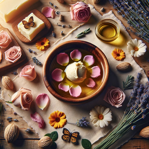 This image displays the organic ingredients of the Goddess Body Balm scattered artistically on a wooden table, highlighting their natural beauty and purity.