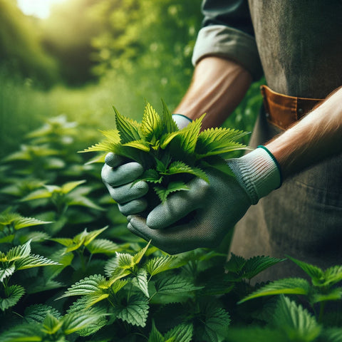 一個戴著手套的人在生機勃勃的綠色花園中精心採摘新鮮的蕁麻葉，體現了可持續採收的關懷。