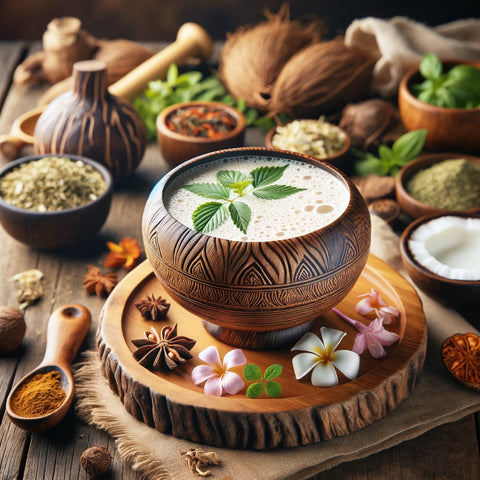 Traditional wooden kava bowl filled with a freshly prepared Kava Kava elixir, surrounded by natural herbs on a rustic wooden table, evoking a sense of calm and island flair.