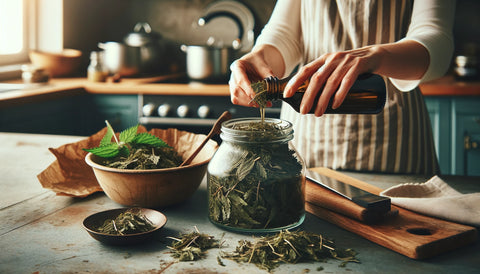 Person in kitchen preparing nettle infused oil with Sacred Plant Co's dried nettle leaves, pouring dark, olive oil-like carrier oil into a glass jar, emphasizing a natural, hands-on approach to homemade hair care.