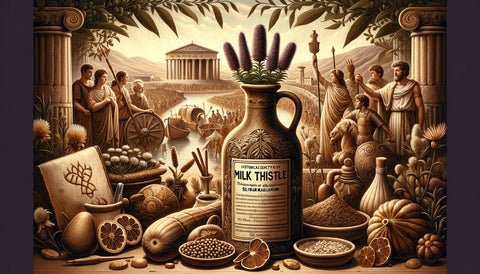 Historical Significance of Milk Thistle: The image depicts Milk Thistle's historical significance, with elements reflecting its use in ancient Greek and Roman herbal medicine, emphasizing its liver-supporting properties.