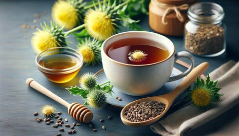 Milk Thistle Seed Tea: A soothing image of a cup of Milk Thistle Seed Tea, prepared as per the recipe, with crushed milk thistle seeds and optional honey or lemon, focusing on the calming and healthful nature of the tea.