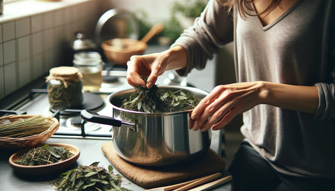 This image shows a woman in a kitchen setting, carefully adding dried nettle leaves to a pot of boiling water, highlighting the homemade and natural aspect of preparing Sacred Plant Co's the nettle hair rinse.