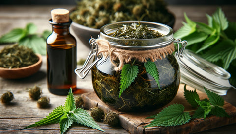 Close-up of a glass jar containing nettle infused oil, using dried Sacred Plant CO nettle leaves, placed in a natural setting with ingredients around, showcasing homemade, organic hair care essence.