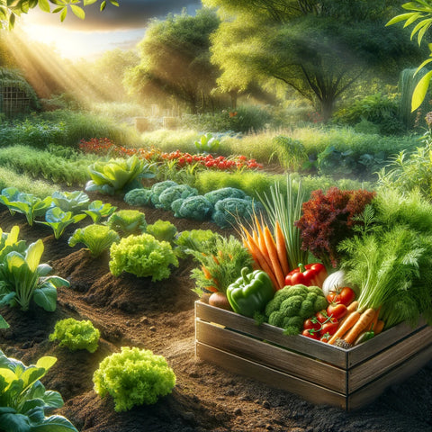 image that represents a serene and abundant vegetable garden, which aligns with the theme of using natural fertilizers like Oriental Herbal Nutrient (OHN)