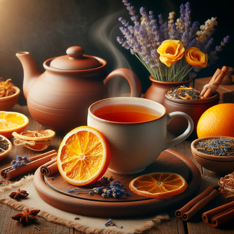 Golden-hued tea infused with Orange Peel, Lavender, Chamomile, and Cinnamon, exuding warmth and embodying the Sunset Bliss recipe.