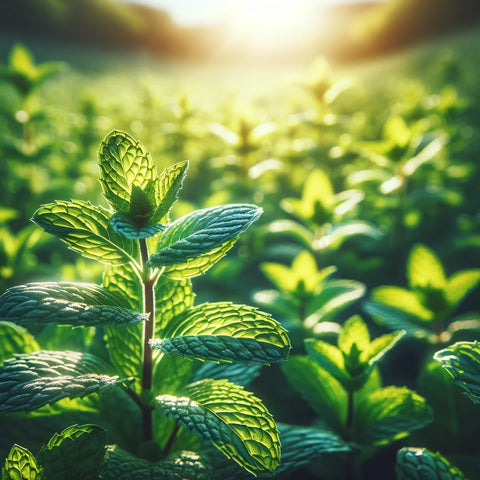 Peppermint plant in the field of peppermint plants. Shining in the sun.