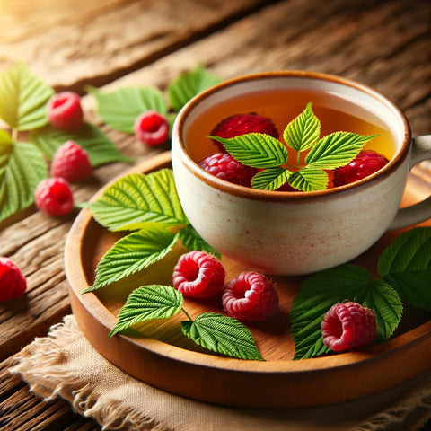 A cozy cup of raspberry leaf tea surrounded by fresh raspberries and leaves on a wooden table, embodying warmth and wellness.