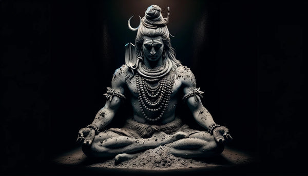 Lord Shiva Adorned in Vibhuti: An artistic representation of Lord Shiva covered in vibhuti, in a meditative pose. This image reflects the Hindu belief that vibhuti symbolizes spiritual enlightenment, respecting the deep spiritual connection with one of Hinduism's principal deities.