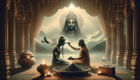 Spiritual Significance of Vibhuti: This image depicts the serene use of vibhuti in a traditional spiritual setting, possibly during meditation or prayer, emphasizing its ancient origins and spiritual connections.