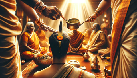 Cultural Use of Vibhuti in Indian Ceremonies: Showcasing vibhuti's role in traditional Indian ceremonies, this scene depicts individuals applying vibhuti on their foreheads, symbolizing purity and divinity in Indian traditions.