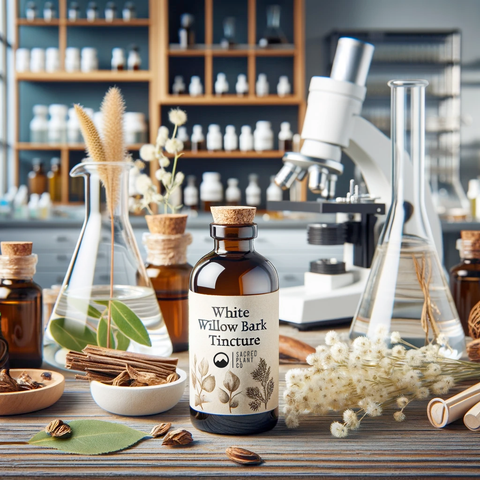 Modern herbalist laboratory with White Willow Bark Tincture. Alt Tag: "Herbalist laboratory showcasing White Willow Bark Tincture and vegetable glycerine, illustrating the blend of traditional herbalism with modern techniques.