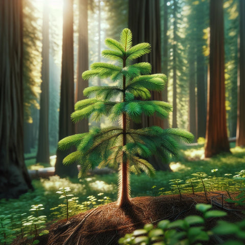 mage of a young Sequoia Redwood tree. The scene captures the vibrant green needles and sturdy trunk of the Sequoia sapling, set amidst a natural forest environment with sunlight filtering through the trees.