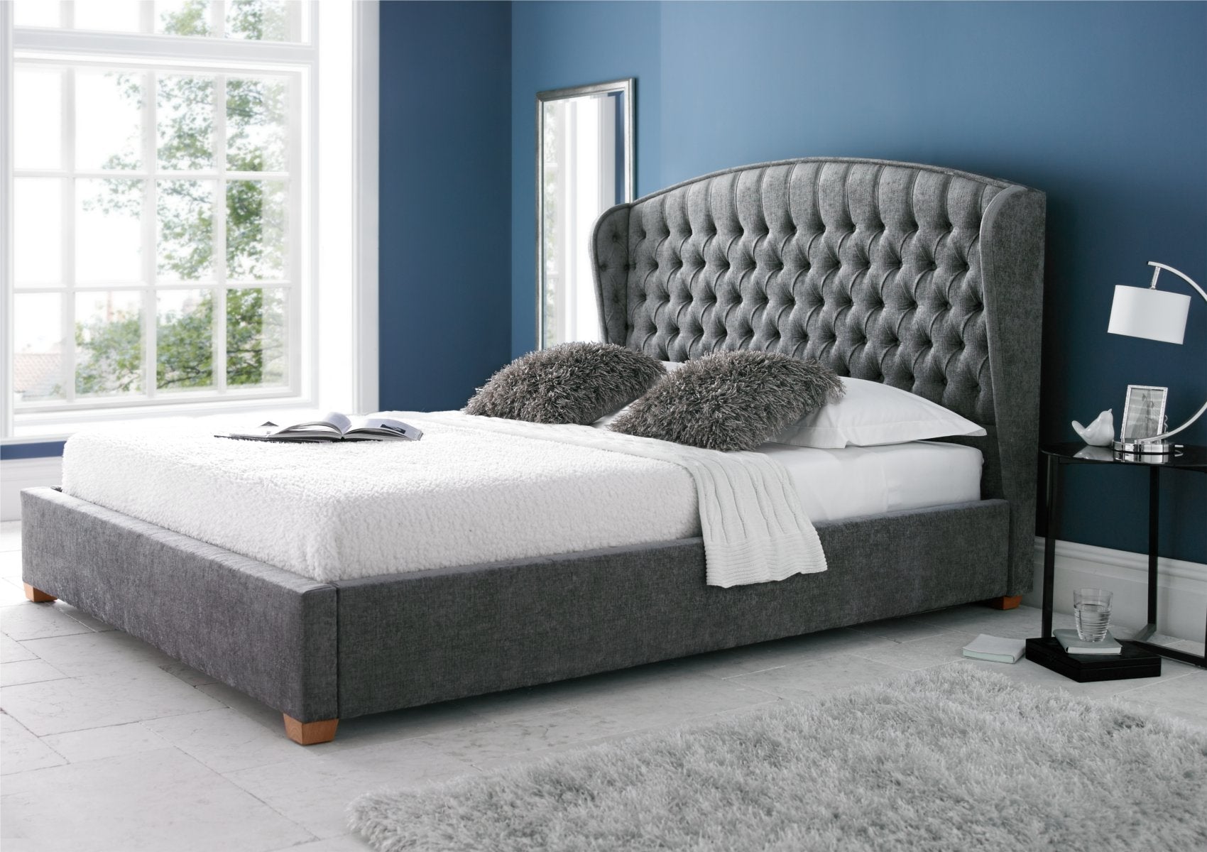 View Bundle Mia Winged Upholstered Bed Frame King Size Bed Frame Only Shetland Mercury Sleep Sanctuary OneLife Memory Pocket King Size Mattress information