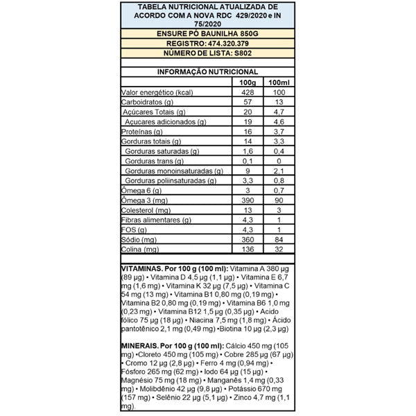 garantir baunilha 850g tabela nutricional