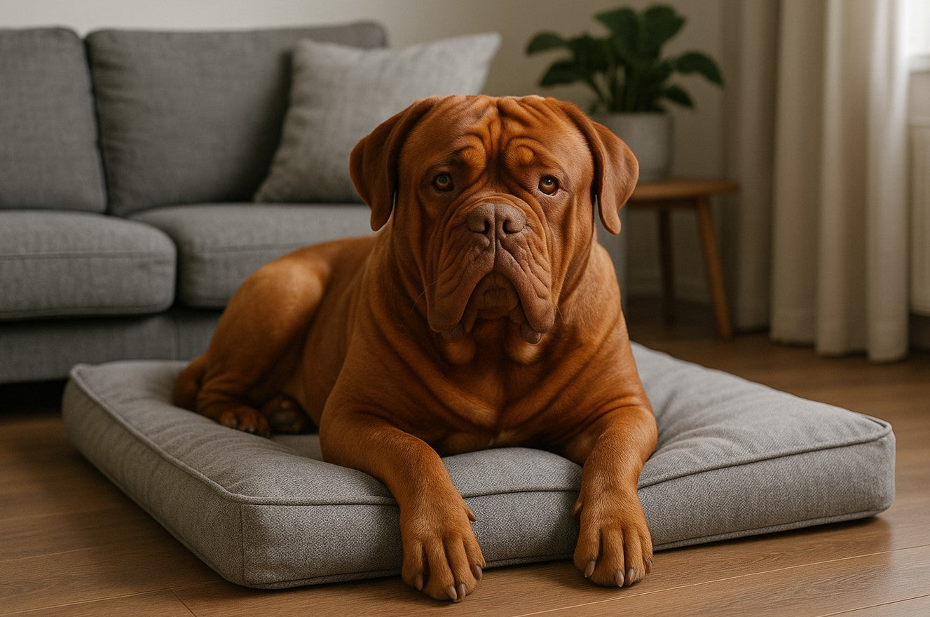 Dogue de Bordeaux on dog bed