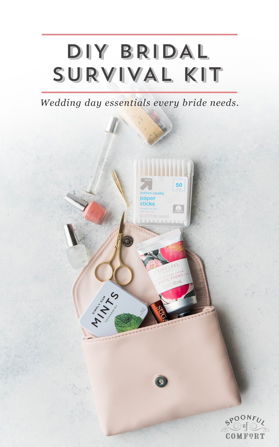 DIY Bridal Survival Kit| Thrilled to see a best friend walk down the aisle? She’s probably pretty excited too, which means there may be a few essentials she forgets the morning of the big day. Here’s where you come in: ever the thoughtful gifter, you arrive prepared with a pretty bag full of the wedding day essentials every bride needs to keep her big day joyful and completely stress-free.