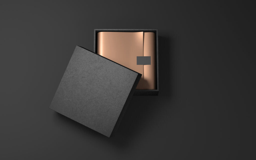 Square Black Box with Golden wrapping paper and label sticker. 3d rendering