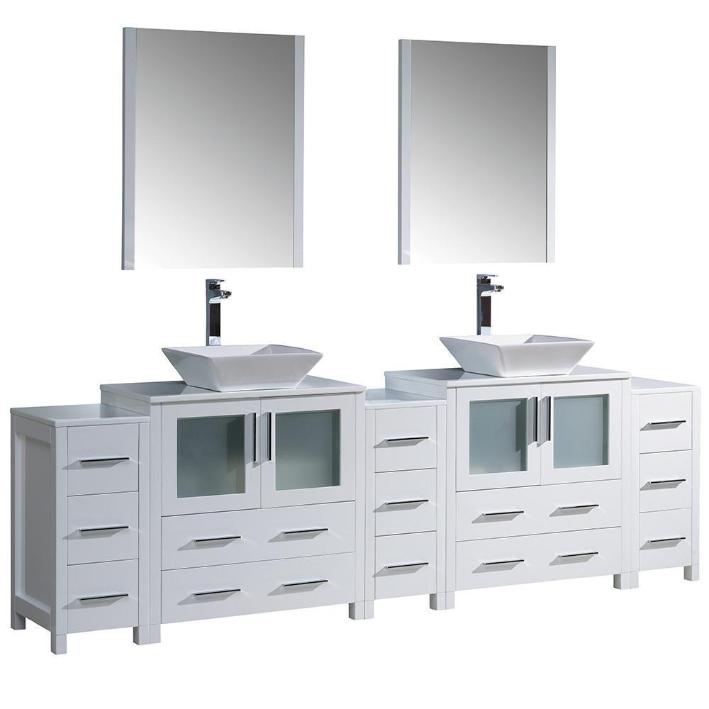96 White Modern Double Sink Bathroom Vanity W 3 Side Cabinets Vessel Sinks