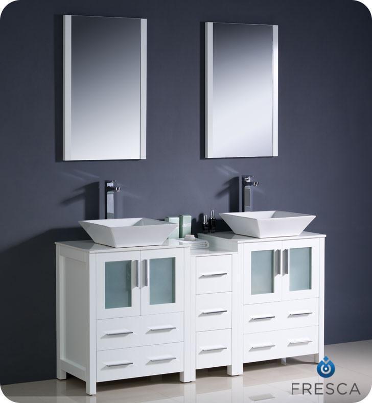 Fresca Torino 60 White Modern Double Sink Bathroom Vanity W Side Cabinet Vessel Sinks