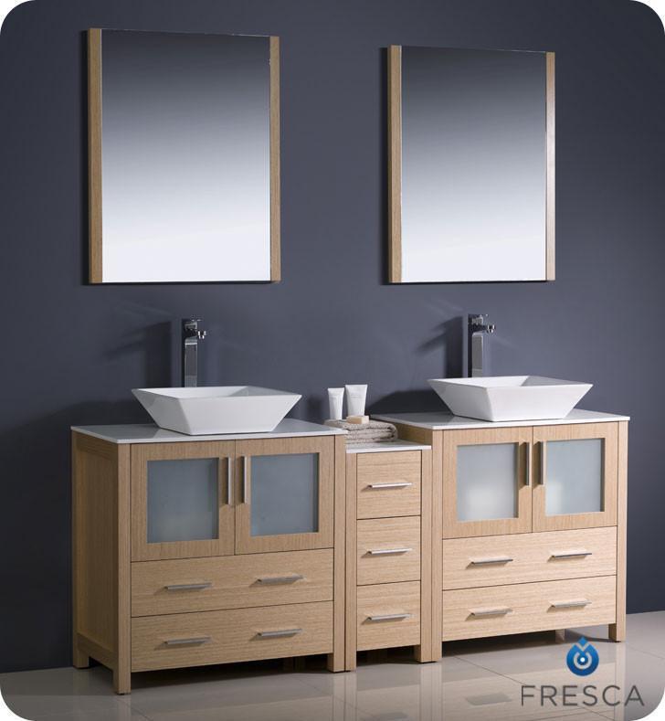 Fresca Torino 72 Light Oak Modern Double Sink Bathroom Vanity W Side Cabinet Vessel Sinks