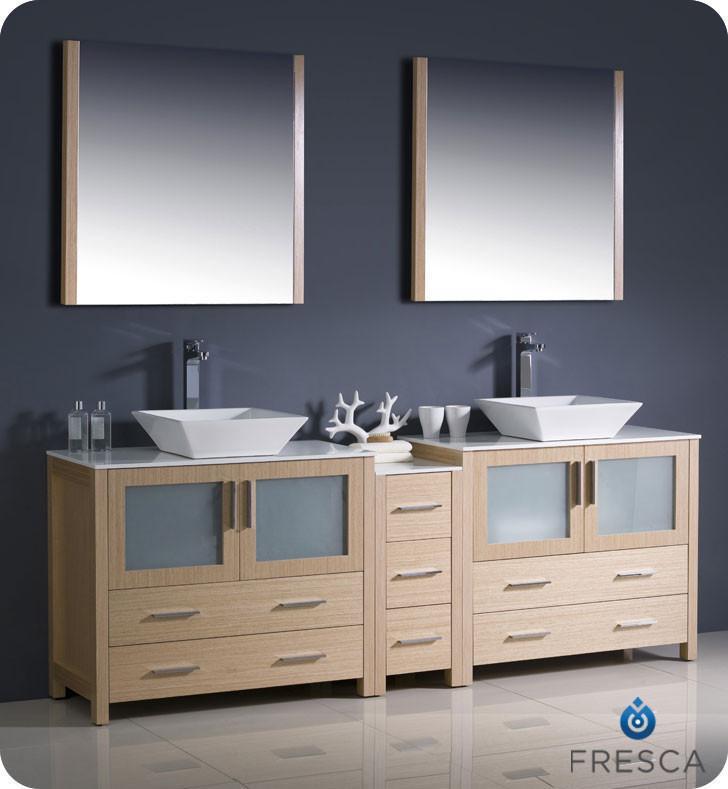 Fresca Torino 84 Light Oak Modern Double Sink Bathroom Vanity W Side Cabinet Vessel Sinks