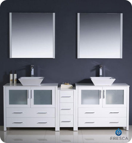 Fresca Torino 84 White Modern Double Sink Bathroom Vanity W Side Cabinet Vessel Sinks
