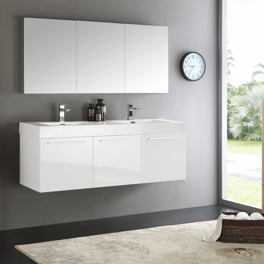 Fresca Vista 60 White Wall Hung Double Sink Modern Bathroom Vanity W Medicine Cabinet