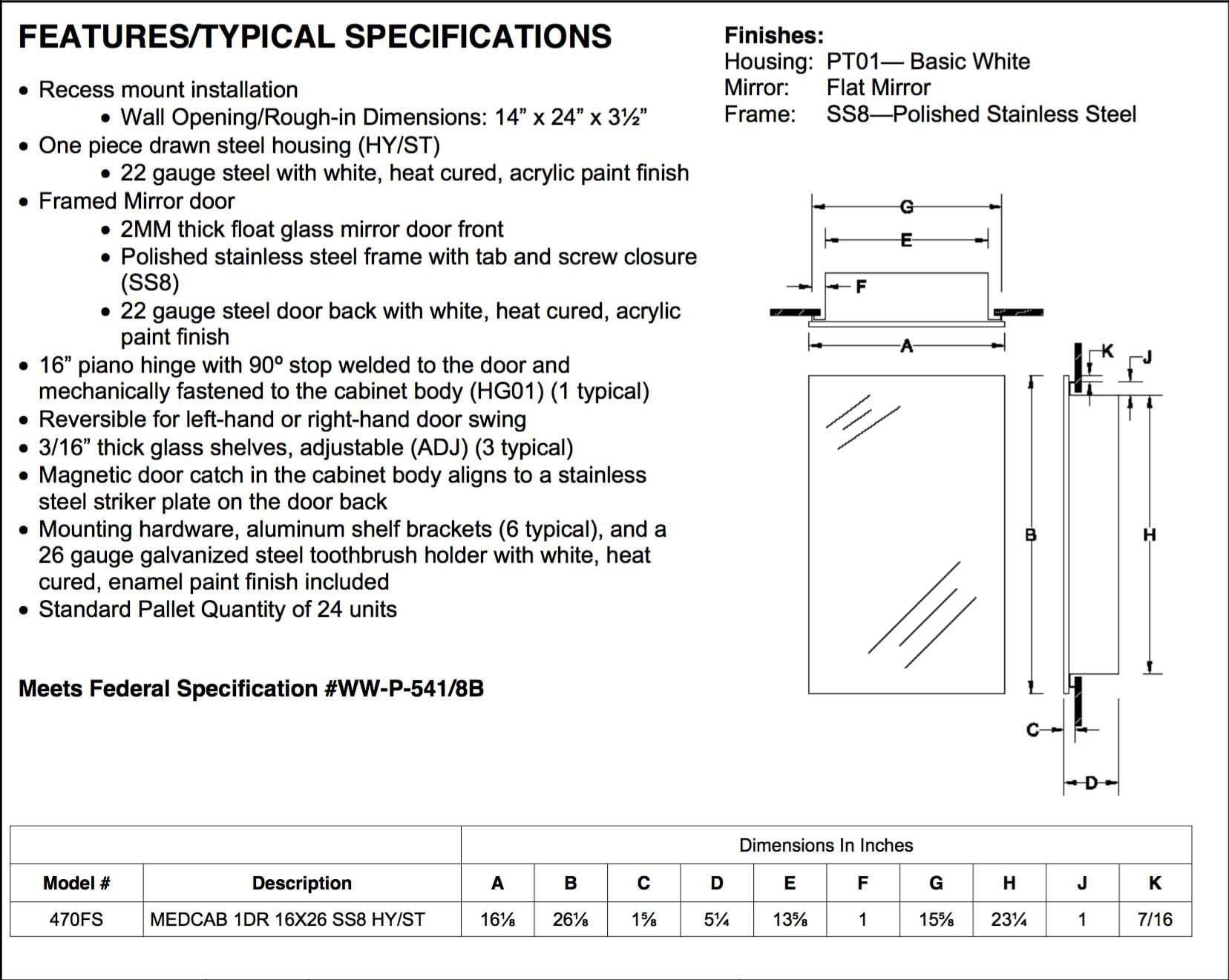 Cove 16 x 26 Recess Mount Steel Shelves Medicine Cabinet