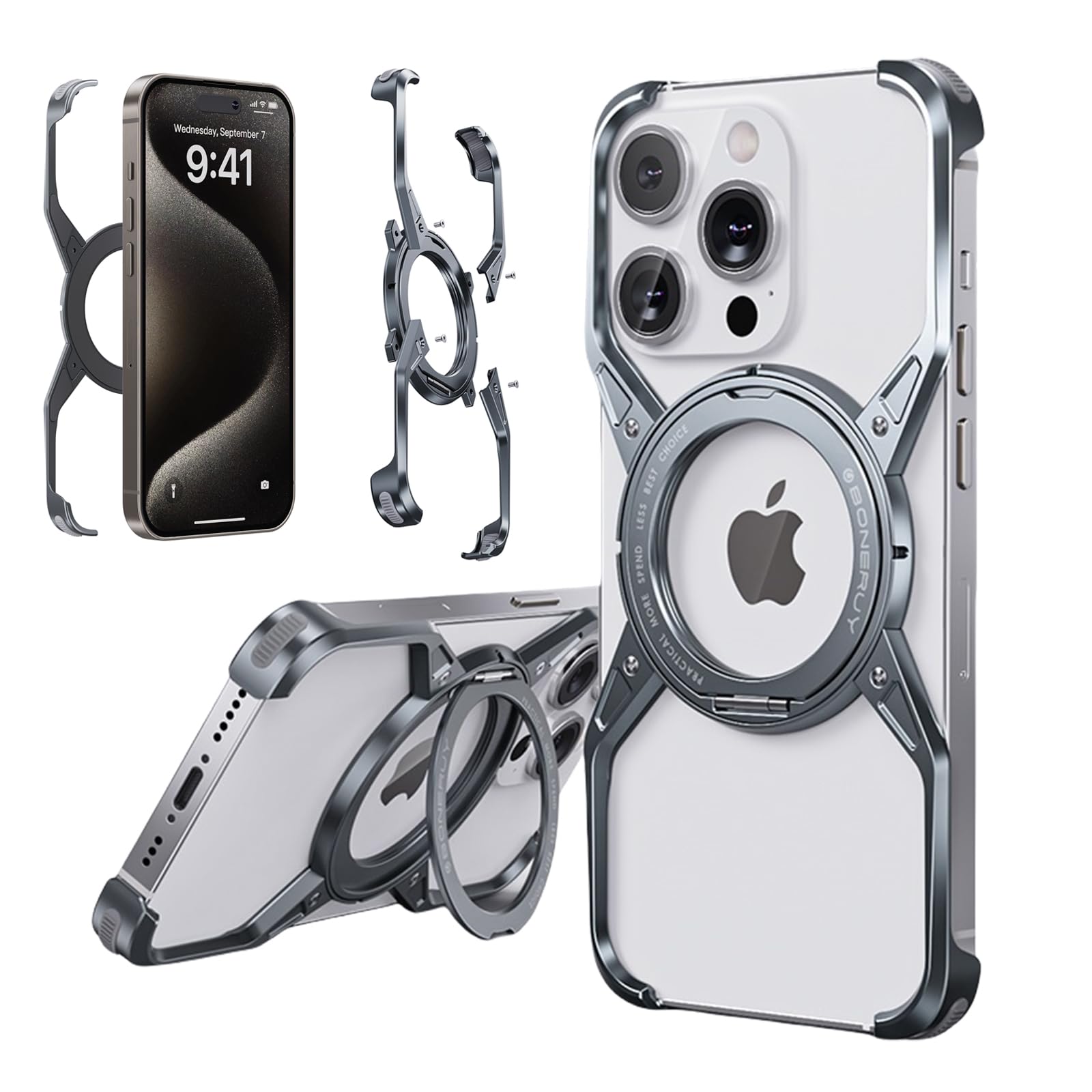iPhone16 Pro Max/16 Pro/16 360° Rotating Ring Stand MagSafe Ultra-Thin Aluminum Alloy All-Round Protection Phone Case