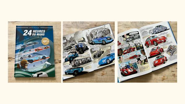 Here's a stunning hardcover graphic novel, akin to a luxurious comic book, celebrating the centenary of the 24 Hours of Le Mans. Please note that the book is in French, but the illustrations alone are truly captivating. It pays homage to 24 iconic cars that graced the Le Mans race, and while victory may not have been their fate, they all etched their names in history through technological innovations in their respective eras.