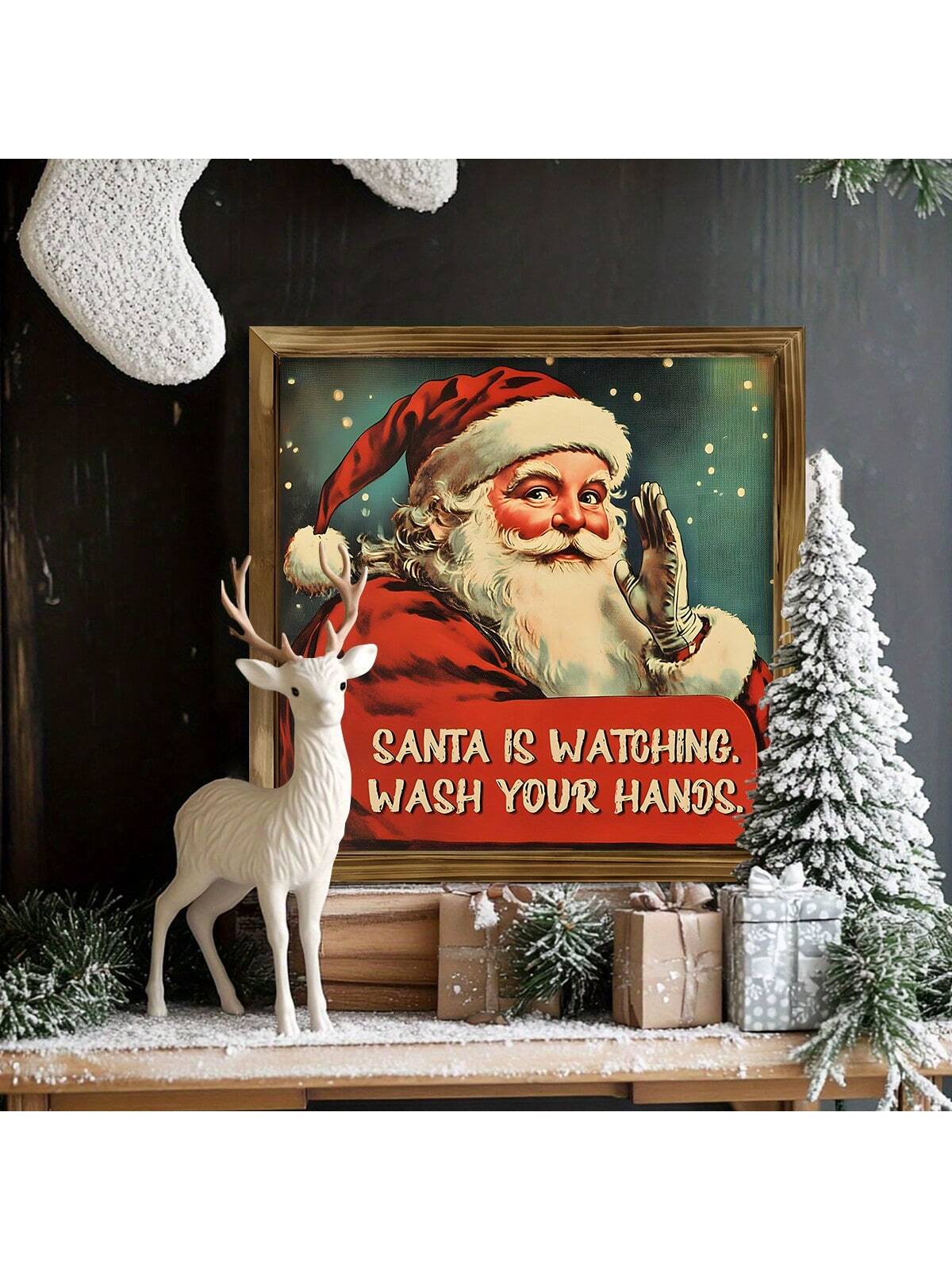 Whimsical Santa's Watch: Rustic Canvas Wall Art for Holiday Cheer